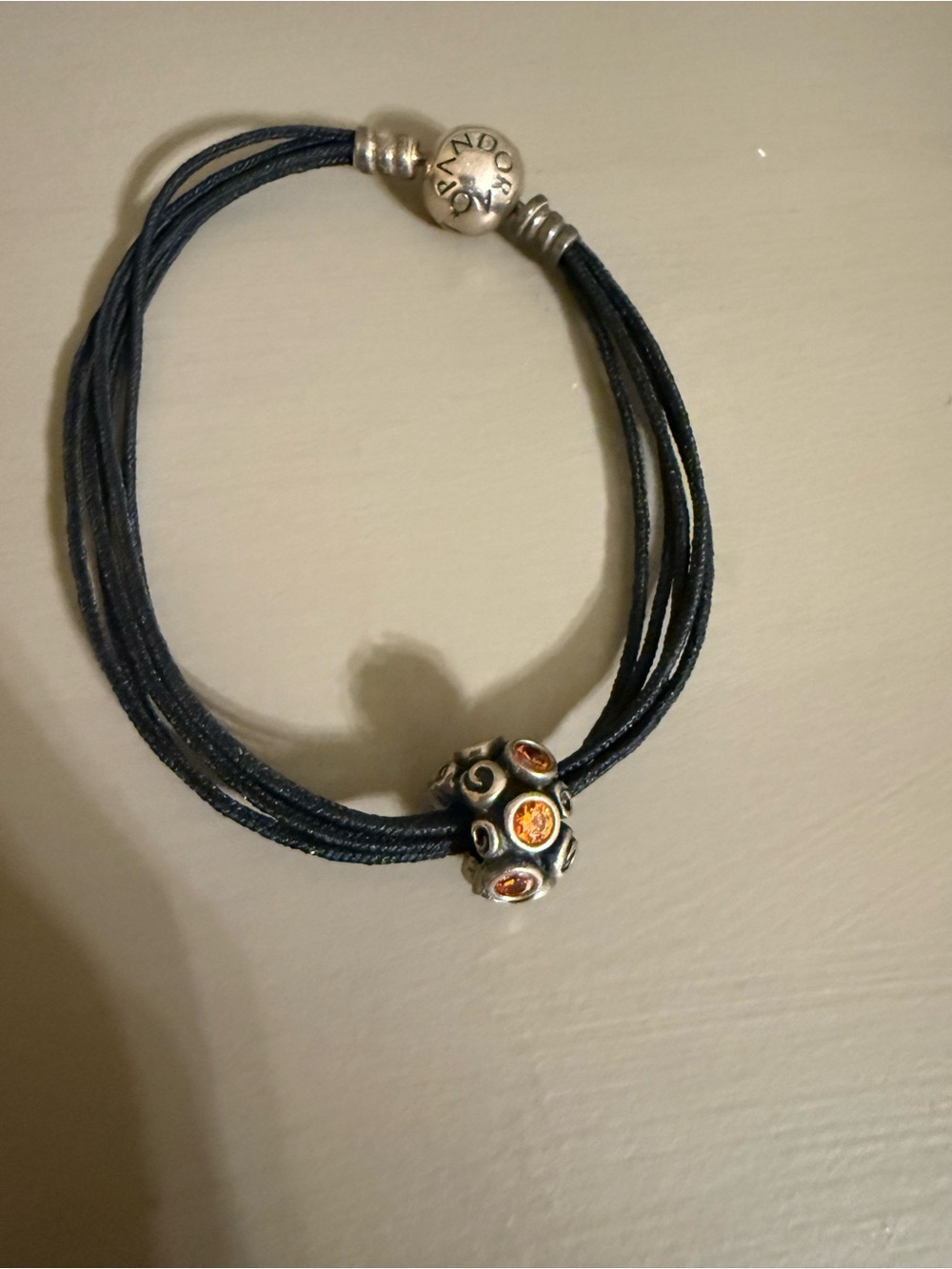 PANDORA Sterling Silver Primrose Orange Bead Black Bracelet 790330OCZ EUC